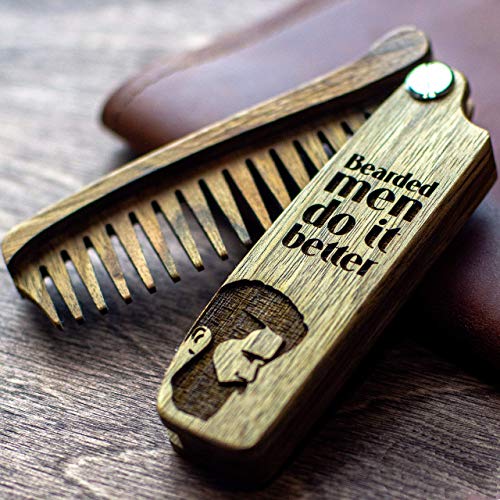 Pieptene din lemn pentru barba pentru barbati - pieptene de buzunar pliabil personalizat pentru mustata, barba si par, piepteni din nuc gravat