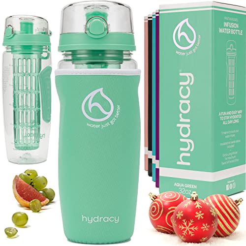 Sticla de apa cu infuzor de fructe Hydracy - Sticla sport de 32 oz - Manson izolator, marcator de timp si tija de infuzie pe lungime completa + 27 de retete cu apa infuzata cu fructe cadou eBook - Aqua Green