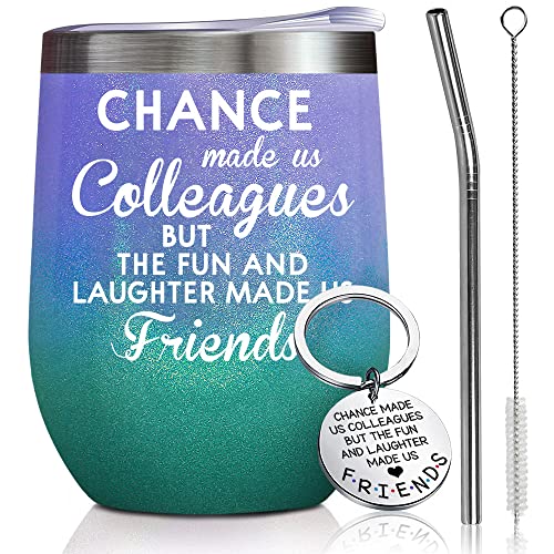 Dynular Going Away Cadou pentru coleg Cadouri de aniversare pentru femei Cadou de Craciun de plecare pentru prietene Cadouri de ramas bun pentru fete Set cadou de pahare de vin cu sclipici gradat de 12 oz cu breloc